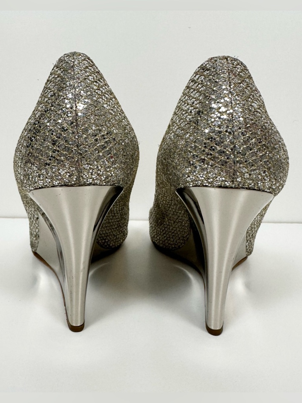 Jimmy Choo Metallic Silver Peep Toe Wedges - Picture 11 of 12